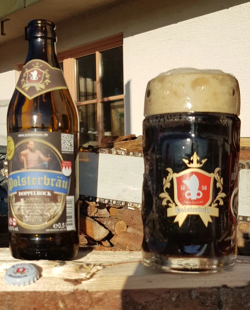 Polsterbräu Doppelbock with a beer mug